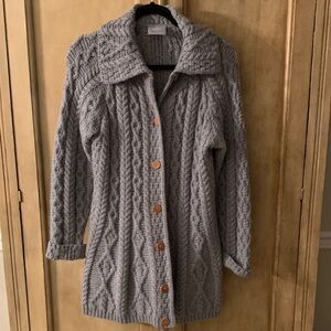 Aran Irish  Gray Cable Knit Cardigan 100% Merino Wool Chunky with Buttons